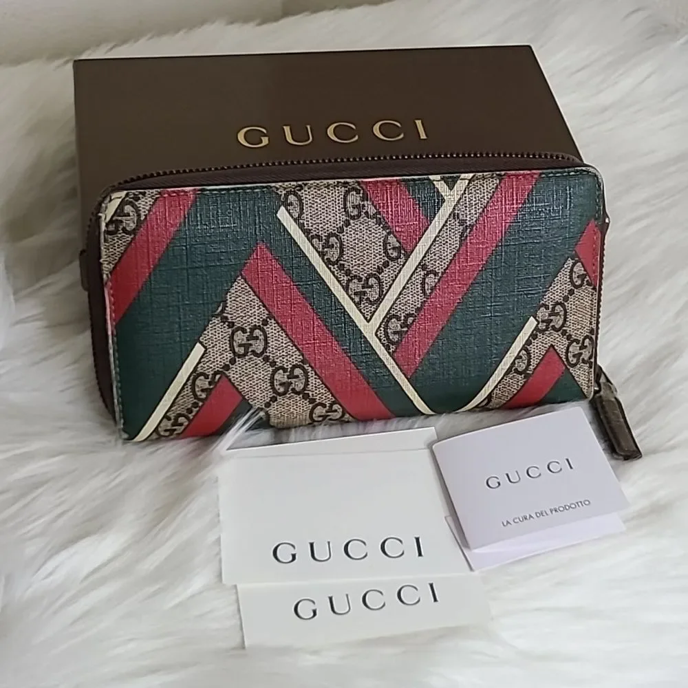 💯Authentic Gucci Round Zip Long Wallet GG Chevron Beige Green Red🍀 - Picture 10 of 16